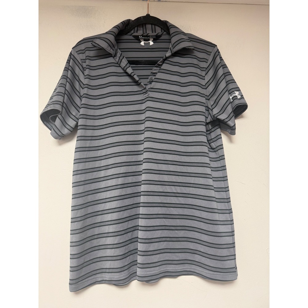 Under Armour Polo Shirt Mens Large Grey Black Excellent HeatGear Striped Loose